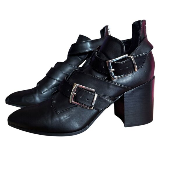 Steve Madden Boots Womens Size 9 Double Buckle Booties Black Leather Back Zip - Picture 1 of 10